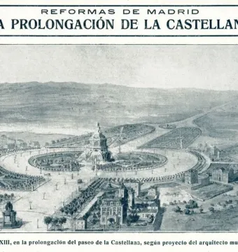 Monument to Isabella of Castile rising in the center of a large circular plaza in an urban plan illustration.