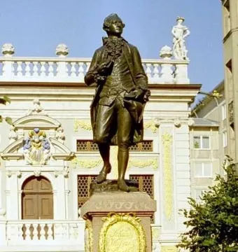 Goethe Monument, a bronze statue on a stone pedestal in front of an ornate building in Leipzig