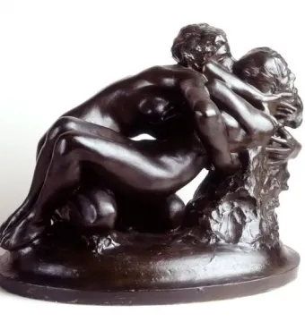 Metamorphoses bronze sculpture of two intertwined nude figures on a round base