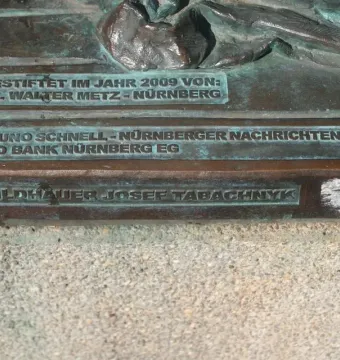 Weathered bronze plaque from the Willy Brandt Memorial with engraved German text and names.