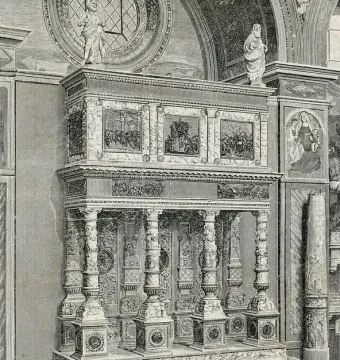 Martinengo Mausoleum shown in a black-and-white architectural drawing, with tiered ornamented columns, framed relief panels, and sculpted figures along the top.