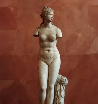 Venus Tauride marble statue with missing arms, standing beside a draped pillar.