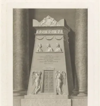 The Monument to the Royal Stuarts, with fluted columns, three male busts in relief, and mourning winged figures beside the central doors.