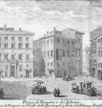 Pasquino statue in a busy piazza with surrounding classical buildings, people, and horse-drawn carriages.