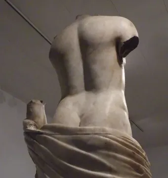 The Venus Unica sculpture shown from behind, a headless and armless stone figure with draped folds around the hips.