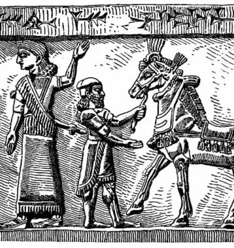 Black Obelisk relief showing a bearded man leading a richly adorned horse beside two robed figures.