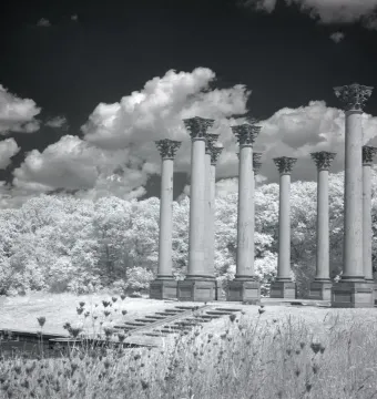 Capitol Columns standing in a grassy field beneath a dramatic cloudy sky.