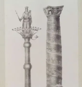 Bernward Column with a spiral band of figural reliefs around the shaft and a decorated capital at the top.