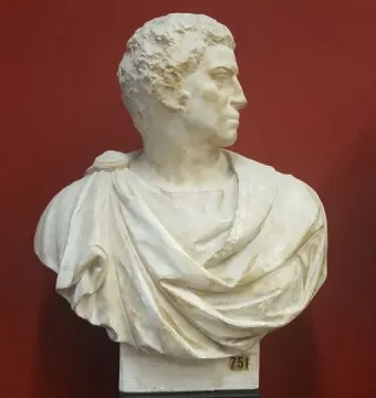 Bust of Brutus with his head turned to the right against a reddish background.
