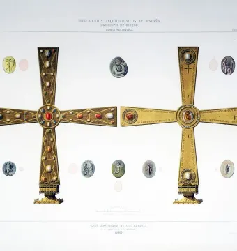 Two detailed views of the Cross of the Angels, showing one jeweled side and one side with Latin inscriptions and medallions on a pedestal.