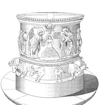 Engraving of the Baptismal Font at St Bartholomew\'s Church, showing an ornate cylindrical basin with biblical relief scenes and oxen supporting the base.