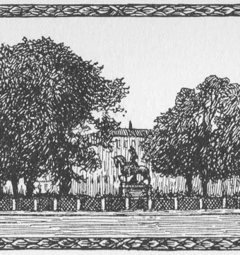 Christian V equestrian statue in a park-like setting with large trees and a building in the background.