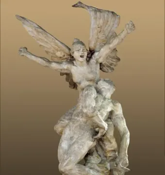La Défense de Paris bronze sculpture with a winged female figure above a swordsman and smaller figure below.