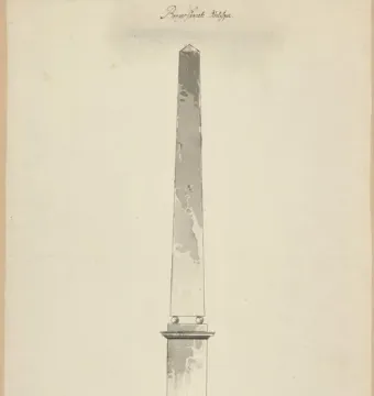 Ink wash drawing of the Obelisk at Slottsbacken with a pointed obelisk on a pedestal and stepped base.
