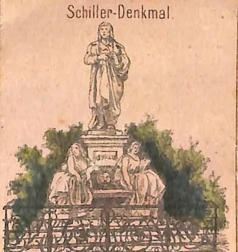 Schiller Monument with a standing figure on a pedestal, flanked by two seated allegorical figures behind an iron fence.