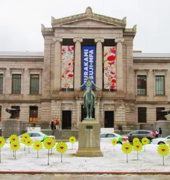 Appeal to the Great Spirit statue in front of the Museum of Fine Arts Boston on a snowy day