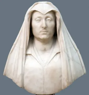 Marble bust of Camilla Barbadori with a draped hooded veil and dark marble base.