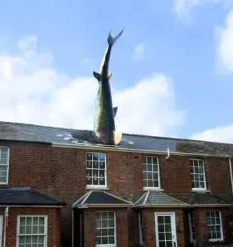 The Headington Shark sculpture plunging into the roof of a red brick building under a blue sky.