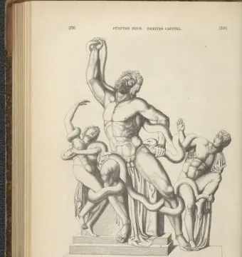 Laocoön and His Sons shown in a grayscale illustration, with three figures entangled in snakes.