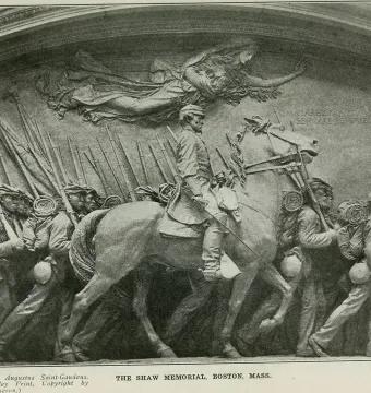 Shaw Memorial relief sculpture showing marching soldiers, an officer on horseback, and a winged figure above them.