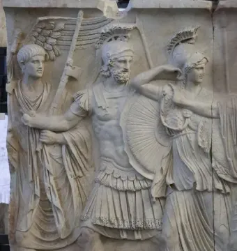 Cancelleria Reliefs showing Mars, Minerva, and a winged Victory in a white marble relief