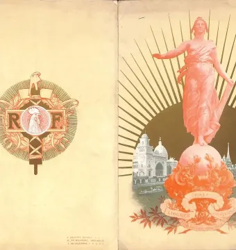 Decorative menu cover showing The Triumph of the Republic, with a female figure standing on a globe, a sunburst, and the words Paix, Liberté, and Fraternité.