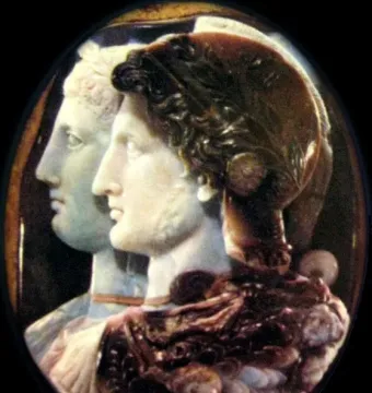 Gonzaga Cameo showing two carved profiles facing right on a dark background.