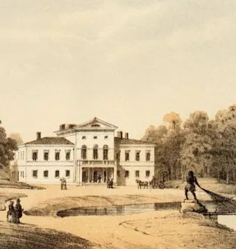 Morianbron beside a pond with a suspension bridge, dark statues, and a classical mansion in the background