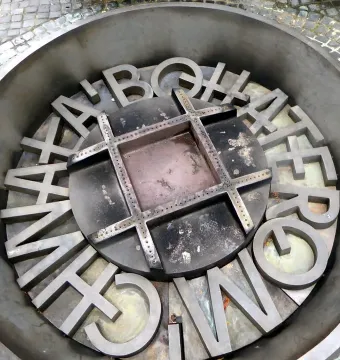 Weathered metal lettering embedded in the Warsaw Uprising Monument pavement