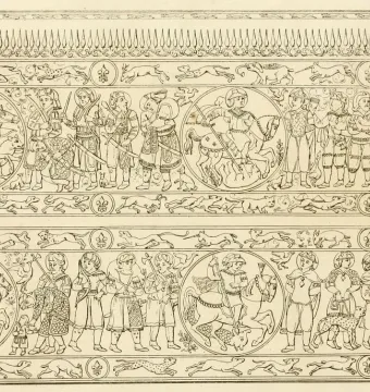 Decorative linear illustration with two horizontal friezes from the Baptistery of Saint Louis, filled with mounted hunters, standing figures, and animal and heraldic motifs.