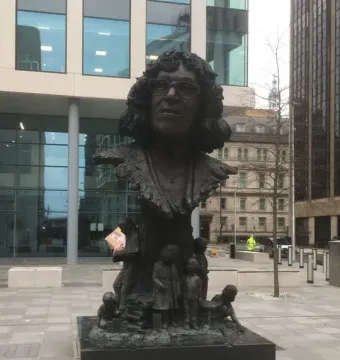 Betty Campbell statue in Cardiff, a bronze monument with a bust of a woman above children reading around the base.
