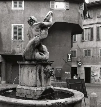 Weathered stone Dolphin Fountain in a courtyard, with a figure wrestling a large scaled creature in a circular basin.