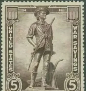 War savings stamp featuring The Minute Man statue with a rifle beside a plow.