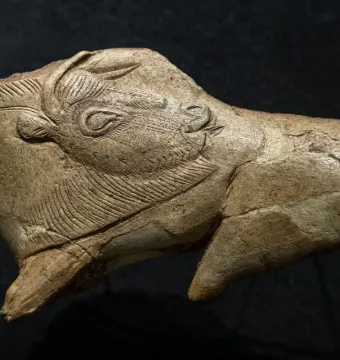 Carved bison figurine with its tongue extended, showing an engraved eye and textured fur details.