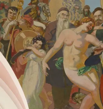 La Danse mural detail with a nude female figure stepping forward among a crowd, framed by an arch and a woman playing a wind instrument.