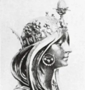 Grayscale sculptural bust of a woman in profile, wearing an ornate crown with a flame-like finial and flowing hair.
