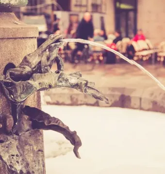A bronze frog on a weathered stone column spouts water, with café tables and people blurred in the background.