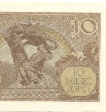 Engraved depiction of the Chopin Monument on a Polish 10 złotych banknote, showing a seated figure beneath a gnarled willow tree.