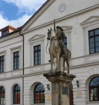 Haldensleben Roland statue of a knight on horseback holding a sword upright in front of a town hall