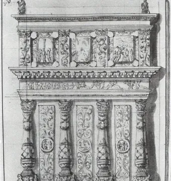 Black-and-white engraving of the Martinengo Mausoleum with columns, sculpted panels, and a frieze topped by small statues.