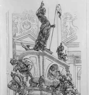 Engraving of the Mausoleum of Prince Ernst, showing an ornate monument with a large male figure at the top and many sculpted figures below.