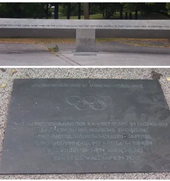 Klagebalken stone marker with engraved names and a memorial plaque with the Olympic rings.
