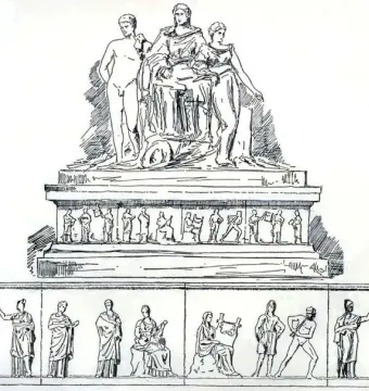Mantineia Base showing a classical monument with three large figures above two tiers of relief sculpture.