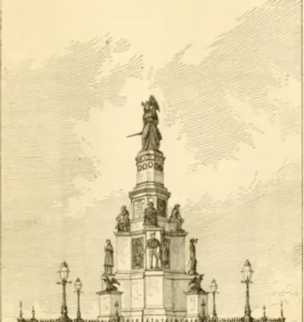 Engraving of the Michigan Soldiers\' and Sailors\' Monument with a multi-tiered pedestal, sculpted figures, and a standing statue at the top, surrounded by an iron fence and lampposts.