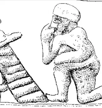Detail of the Worshipper of Larsa showing a seated, turbaned figure with outstretched hands facing a kneeling figure with raised hands.