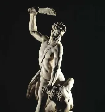 Samson Slaying a Philistine marble sculpture showing a bearded man standing over a crouching figure with a weapon raised overhead.