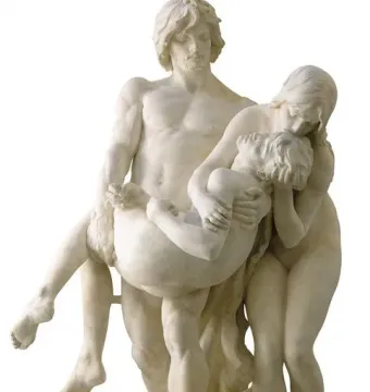 The First Funeral sculpture showing three nude figures in a tragic embrace, with a man carrying a limp youth beside a grieving woman.