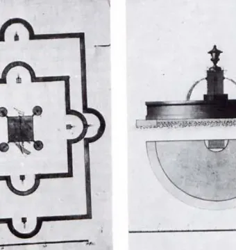 Two monochrome architectural drawings of Fuente de la Abundancia, showing a floor plan and a side elevation on weathered paper.