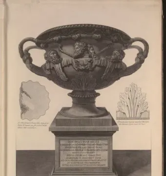 The Warwick Vase shown as a detailed engraving of a large marble krater with two handles, bearded masks, and an inscribed pedestal, flanked by small decorative studies.