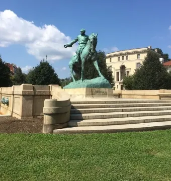General Philip Sheridan Memorial, a bronze equestrian statue of a uniformed man with his arm outstretched on a stone pedestal.